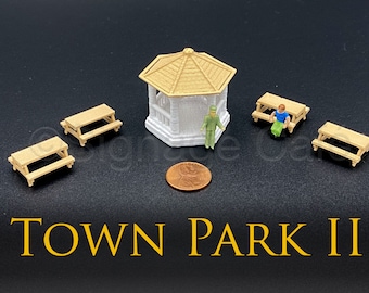 5 pc Town Park HO Scale 3D featuring a Gazebo and Picnic Tables. Perfect for Model Railroad Train Scenery