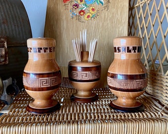 Vintage Hand Turned and Carved Wooden Salt and Pepper Shaker Set with Toothpick Holder