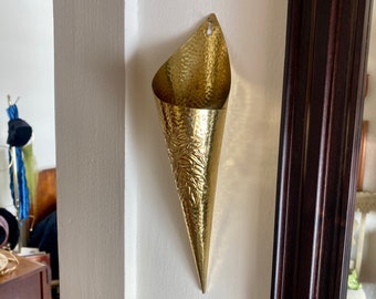 Vintage Matchstick Holder | Gold Flower Hanging Wall Basket | Brass Wall Hanging