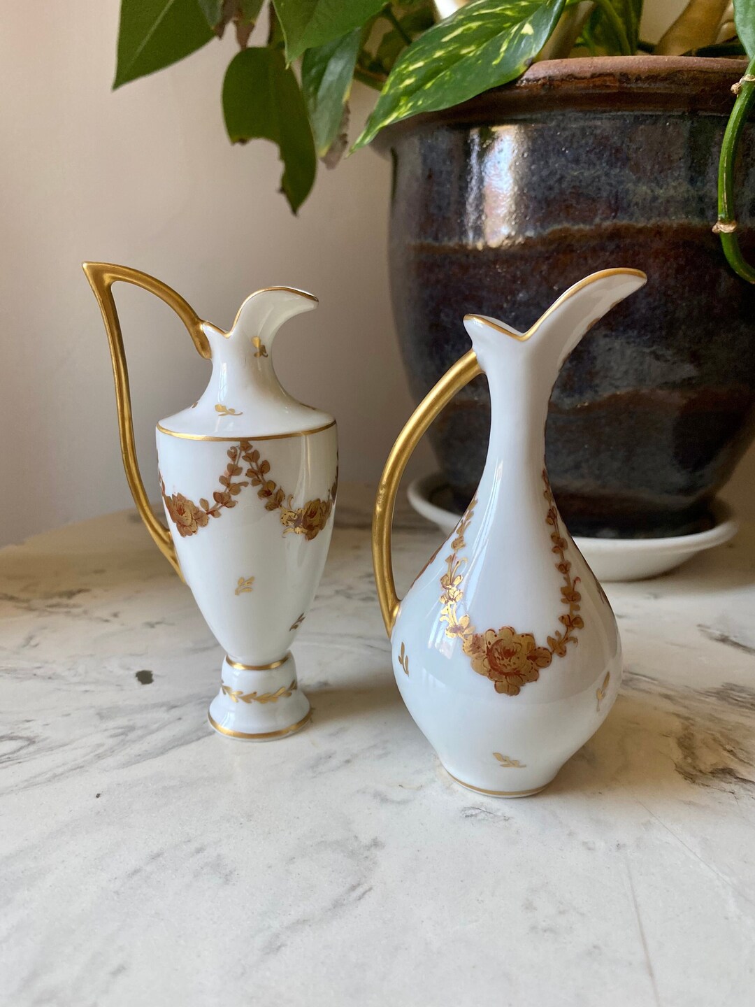 Limoges Vase Set Vintage Limoges Gold Trim Vase Handpainted Limoges