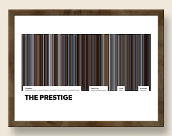 May include: A framed movie poster for The Prestige featuring a vertical color barcode representing the film's palette. Text includes starring actors, director Christopher Nolan, year 2006, and runtime 130 mins. The design is set against a white background.