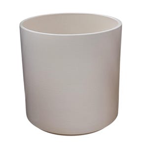 May include: A cylindrical, off-white planter with a smooth exterior. The planter has a rounded base and a wide opening at the top. The interior is a lighter shade of white. This container is suitable for indoor or outdoor use.