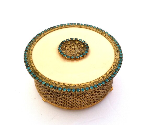 Ormolu Aquamarine Jeweled Trinket Jar with Lid