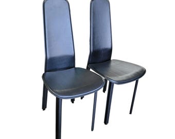 Pair Cidue Black Leather Metal Dining Chairs