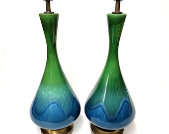 Mid Century Modern Blue Green Drip Glaze Pottery Lamps