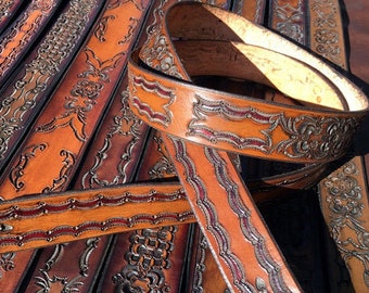 Hand Tooled and Dyed Saddle Leather Guitar Strap