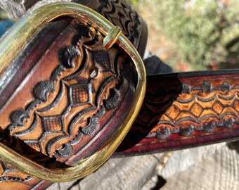 Hand Tooled and Dyed Saddle Leather Guitar Strap - Custom work available