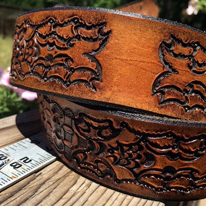 Hand Tooled and Dyed Saddle Leather Guitar Strap