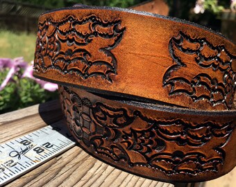 Hand Tooled and Dyed Saddle Leather Guitar Strap