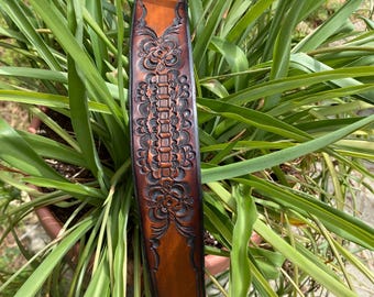 Hand Tooled and Dyed Saddle Leather Guitar Strap - Custom work available