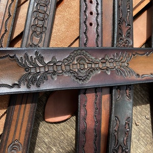 Hand Tooled and Dyed Saddle Leather Guitar Strap