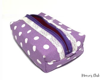 Astuccio - Portatrucchi - Portatutto - Trousse - Make-up Bag - Mini borsetta a scatola viola a pois bianchi