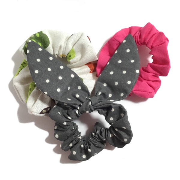 Bandes élastiques pour cheveux gris, fuchsia et verts - scrunchies avec arc