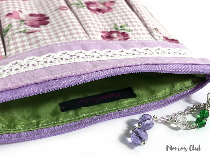 Lavender bellows clutch bag with flowers and lace image 3