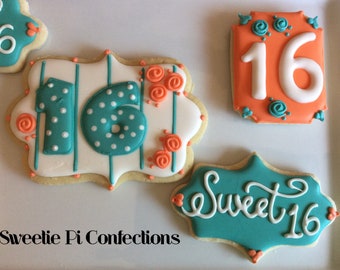 Sweet 16 Decorated Cookies 16th Birthday Cookies Decorated Cookies Happy Birthday Party Sugar Cookies Party Favors