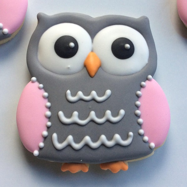 Owl Decorated Cookies Baby Shower Birthday Party Pink and Gray baby shower idea baby shower favor baby girl baby boy bottle bib rattle