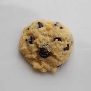 May include: A single, round, light brown cookie with chocolate chips. The cookie is slightly flattened and has a rough texture.