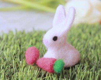 Needle Felted Easter flop Eared Bunny summer white Rabbit with 2 Carrot, Easter miniature ears for kids gift decorations games girl boy baby