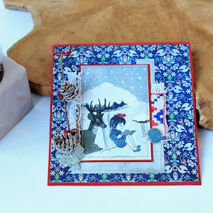 Carte de Noël fait main cadeau folklorique suédois oiseau souhait rouge nordique technique mixte design belles cartes rustiques avec des baies Art Suède cerf neige