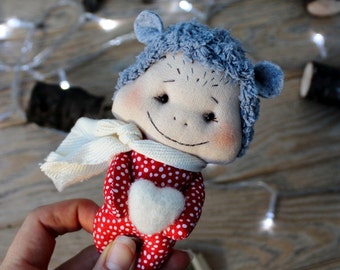 Valentines gift for her decoration ornament Woodland bear plush soft little animal toys needle Felted heart Stuffed red wool Plush