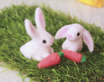 Needle Felted Easter lop and flop Eared Bunny Needle Felted white Rabbit With 2 Carrot, Easter kids gift decorations games, Handmade,