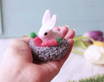 Needle Felted Eared Bunny with knitted basket white Rabbit Carrots for kids gift decorations girl boy egg, Easter gift for her,