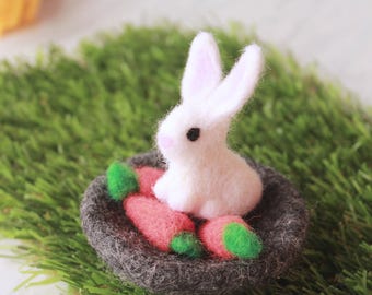 Needle Felted Christmas flop Eared Bunny with wool basket white Rabbit with 3 Carrot ears for kids gift decorations games girl boy baby