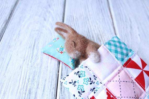Needle Felted Bunny Toy, Brown Rabbit with pillow, blanket, Christmas gift, Sleeping animal toy, bunny needle felted sculpture