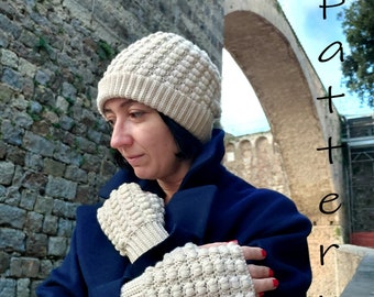 Crochet pattern Almere. Crochet beanie and fingerless gloves PDF pattern. Women hat and mittens pattern. Sizes XS-S-M, L-XL. English.