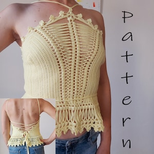Crochet pattern Caribia. Ruffled women summer backless top pattern PDF. Sizes XS-S, M-L. English. Textured festival top.