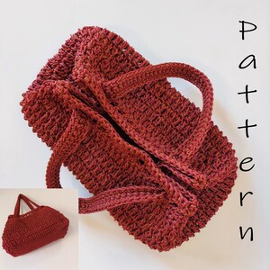 May include: A red crocheted tote bag with a sparkly finish. The bag has two handles and a zipper closure. The word "PATTERN" is written vertically on the right side of the image.