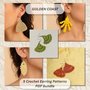 Golden Coast – 5 Crochet Earring Patterns, Seashell & Fan Designs, Boho Jewelry PDF Bundle. Beginner friendly.