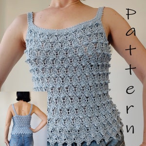 Crochet pattern Esmeralda. Textured lace crochet top pattern PDF. Sizes XS, S, M, L. English. Women summer ruffled crochet top.