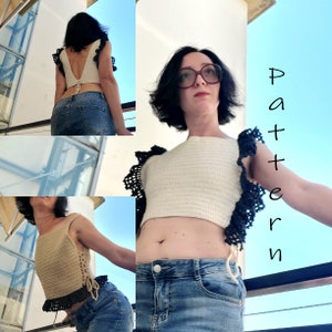 Crochet pattern Milano. Women summer crochet top pattern PDF. Sizes XS-S, M, L, XL. English. Beginners friendly. Ruffled backless crop top.