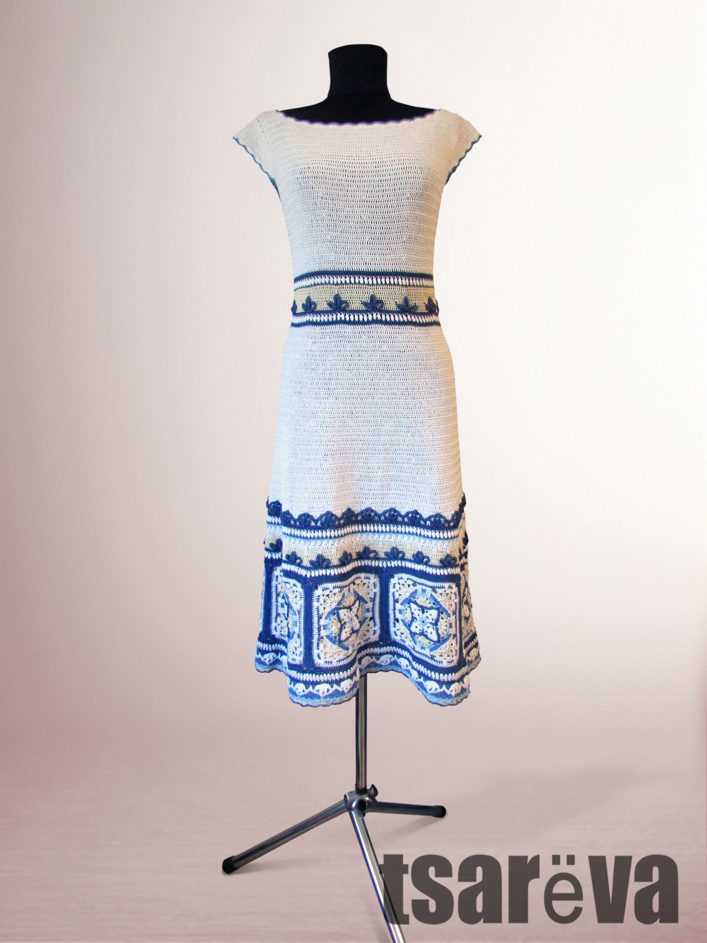 Gehäkeltes Kleid Donna. Weißes und blaues Majolika-Style Boho | Etsy