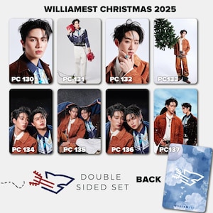 May include: A double-sided set of photo cards featuring images of people in various outfits. The cards are labeled with "WILLIAMEST CHRISTMAS 2025" and numbered PC 130 through PC 137. The back of the card has a blue sky design with the brand name.