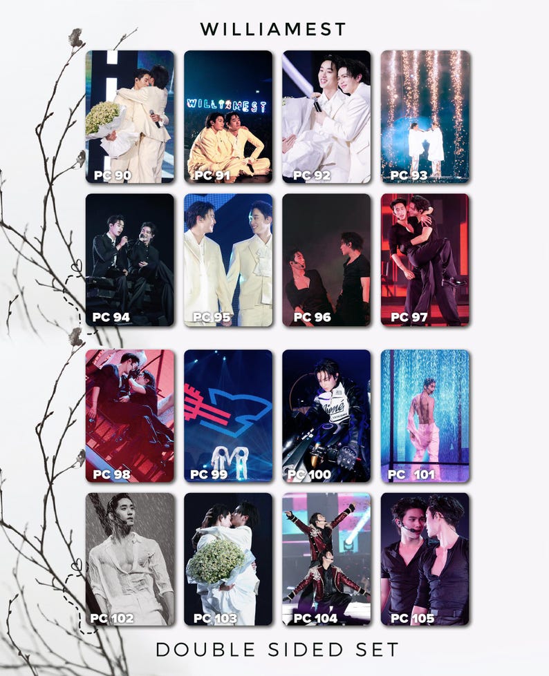 May include: A double-sided set of cards featuring images of people in various poses. The cards have the text "WILLIAMEST" and numbers like "PC 90" to "PC 105". The images include people holding flowers and embracing.