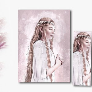 Op de afbeelding: Een digitale illustratie van een vrouw met lang, golvend bruin haar, die een witte jurk en een zilveren kroon draagt. De achtergrond is zacht roze met witte aquarelspetters.