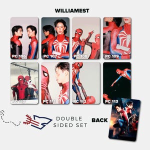 May include: A double-sided set of photo cards featuring images of people in Spider-Man costumes. The cards are labeled with the text "WILLIAMEST" and numbered "PC 106" through "PC 113". The back of the cards is also shown.