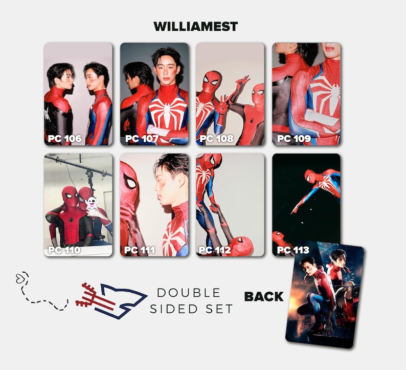 May include: A double-sided set of photo cards featuring images of people in Spider-Man costumes. The cards are labeled with the text "WILLIAMEST" and numbered "PC 106" through "PC 113". The back of the cards is also shown.