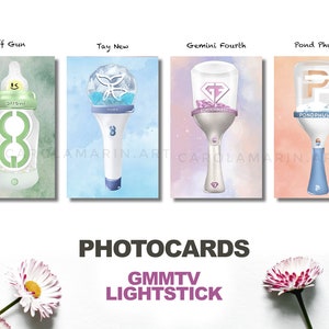 May include: Four photocards featuring different coloured light sticks with the names "Off Gun", "Tay New", "Gemini Fourth", and "Pond Phuwin" printed on each card. The text "PHOTOCARDS" and "GMMTV LIGHTSTICK" is printed below the cards.