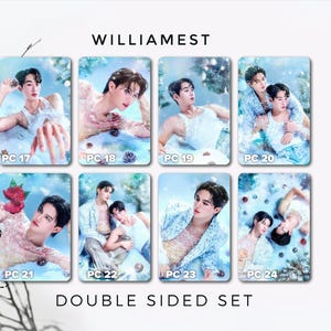 May include: A set of eight double-sided cards featuring portraits of people in various poses. The cards have a light blue and white color scheme with the text "WILLIAMEST" and "DOUBLE SIDED SET". Each card is labeled with "PC" followed by a number.