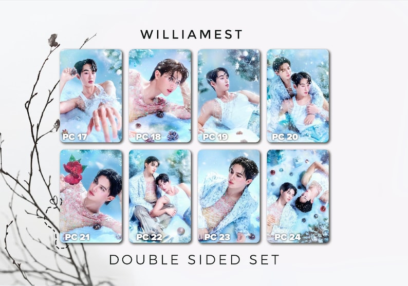 May include: A set of eight double-sided cards featuring portraits of people in various poses. The cards have a light blue and white color scheme with the text "WILLIAMEST" and "DOUBLE SIDED SET". Each card is labeled with "PC" followed by a number.