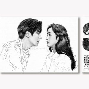 May include: A black and white line drawing of a couple looking at each other. The man is on the left and the woman is on the right. The quote "I'll open all the doors in the universe. And I promise I will return to you." is written in black text on a white background. The hashtag #TheKingEternalMonarch is written below the quote.