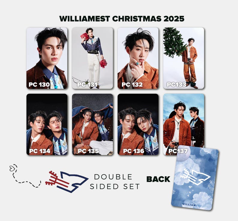 May include: A double-sided set of photo cards featuring images of people in various outfits. The cards are labeled with "WILLIAMEST CHRISTMAS 2025" and numbered PC 130 through PC 137. The back of the card has a blue sky design with the brand name.