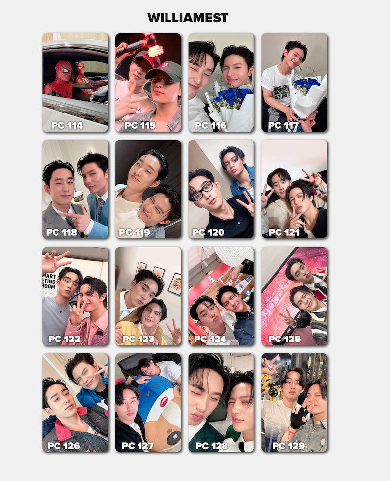 May include: A collection of rectangular photo cards featuring various individuals in casual settings. The cards display the text "WILLIAMEST" at the top. Each card is numbered, with the series ranging from PC 114 to PC 129. The images showcase diverse poses and settings.