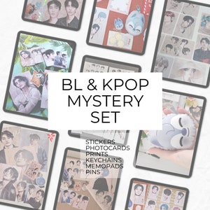 Coffret mystère Kpop et BL | Sac mystère | kpop, bl, stickers, impressions, cartes avec photo, porte-clés, blocs-notes