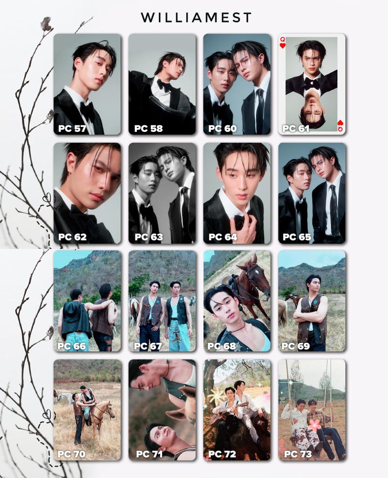 May include: A collection of trading cards featuring various portraits of young men in formal and casual attire. The cards display the brand name "WILLIAMEST" and are numbered PC 57 through PC 73. Some cards show multiple people.