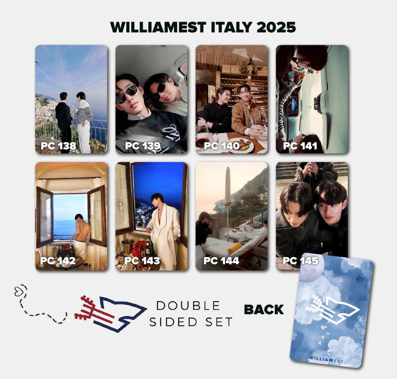 May include: A double-sided set of photo cards with images of people in various settings. The cards are labeled with numbers and the text "WILLIAMEST ITALY 2025". The back of the card has a blue watercolor design with the word "WILLIAMEST".