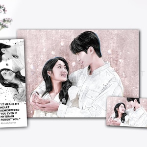 May include: A set of three art prints featuring a romantic couple illustration. The main print shows a man and woman embracing, with a smaller print and a bookmark with a quote. The color palette includes pink, white, and black.
